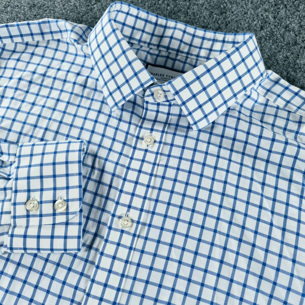 Charles Tyrwhitt Slim Fit Non-Iron Shirt 17.5 35 Blue White Check Tattersall